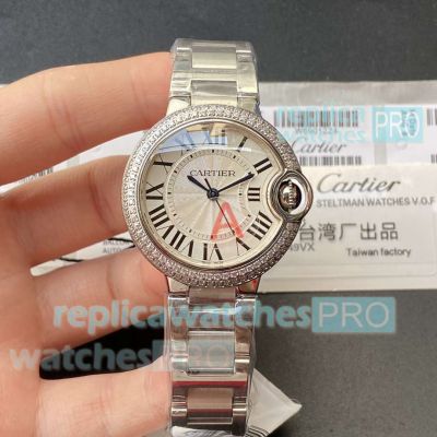 Swiss Quartz TW Factory Cartier Ballon Bleu White Dial Double Row Diamond Bezel 33mm 